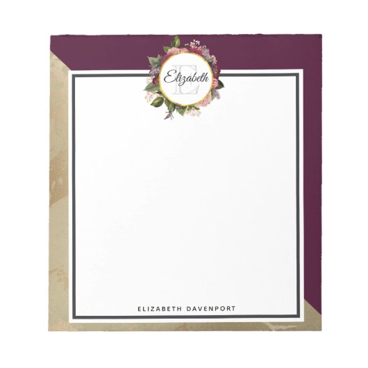 Goldmarmor Muster und Burgund Florals Monogramm Notizblock (Vorderseite)