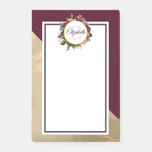 Goldmarmor Muster und Burgund Florals Monogramm Post-it Klebezettel