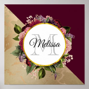 Goldmarmor Muster und Burgund Florals Monogramm Poster
