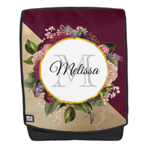 Goldmarmor Muster und Burgund Florals Monogramm Rucksack