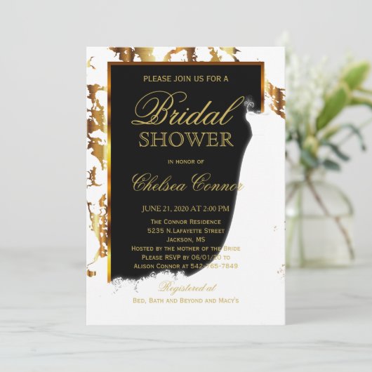 Goldmarmor, Schwarz-Weiß-Brautparty Einladung (Stehend Vorderseite)