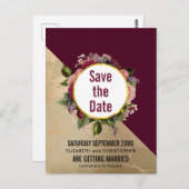 Goldmarmor und Burgund Blumen Save the Date Postkarte (Vorne/Hinten)