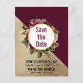 Goldmarmor und Burgund Blumen Save the Date Postkarte (Vorderseite)
