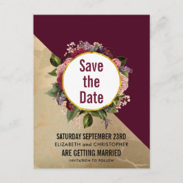 Goldmarmor und Burgund Blumen Save the Date Postkarte