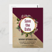 Goldmarmor und Burgund Blumen Save the Date Postkarte (Vorne/Hinten)