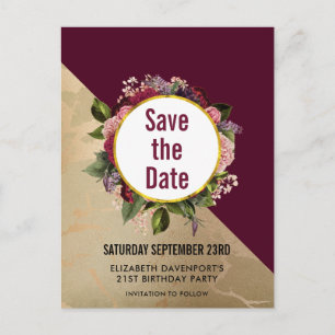 Goldmarmor und Burgunderrot Florales Save-the-Date Postkarte
