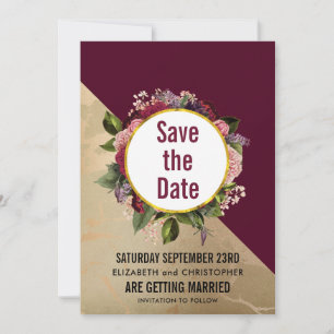 Goldmarmoriertes Muster und burgunderrote Blumenho Save The Date