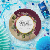 Goldmarmormuster und Burgunder-Floral-Monogramm Pappteller (Party)