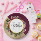 Goldmarmormuster und Burgunder-Floral-Monogramm Pappteller (Party)