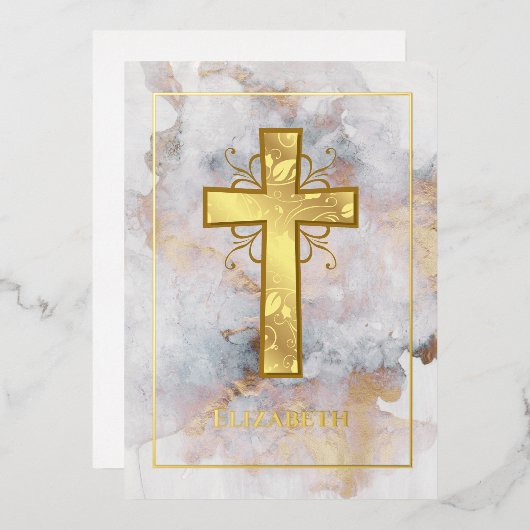 Goldmarmortaufe oder Christening Filigree Folieneinladung (Vorderseite/Rückseite)