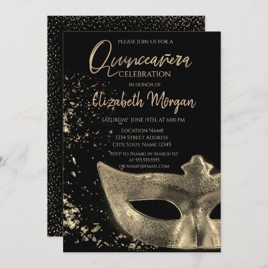 Goldmaske, Confetti Quinceañera Einladung (Vorne/Hinten)
