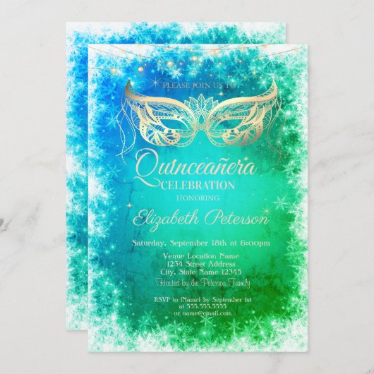 Goldmaske Schneeflocken Grüne Quinceanera Einladung (Vorne/Hinten)