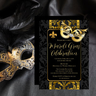 Goldmaske Vintage Schwarz Damast Mardi Gras Party Einladung