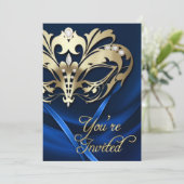 Goldmasquerade Blauer Juwelier Party Einladung (Stehend Vorderseite)