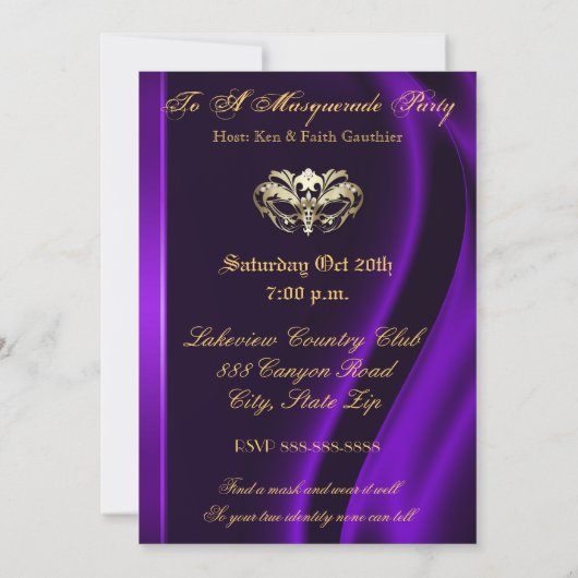 Goldmasquerade Lila Party Einladung (Rückseite)