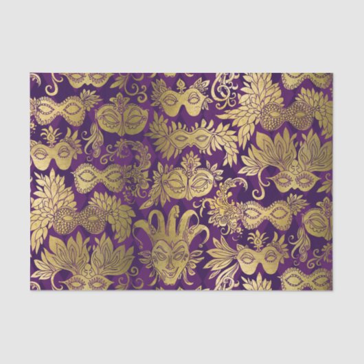 Goldmasquerade-Masken auf Lila Muster Seidenpapier (Vorderseite)