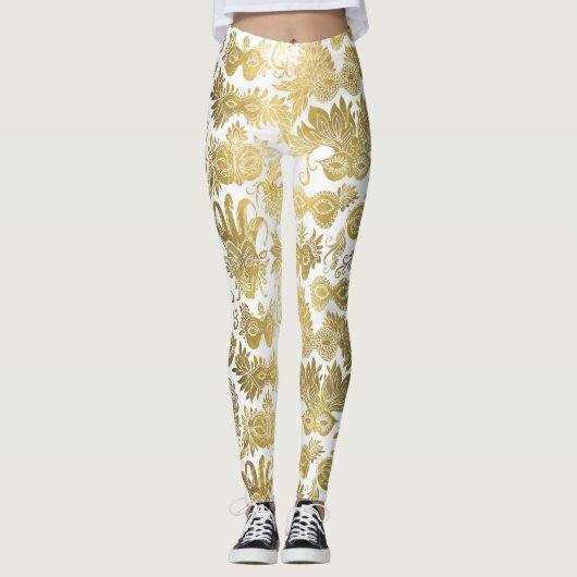 Goldmasquerade Masken auf weißem Muster Leggings (Vorderseite)