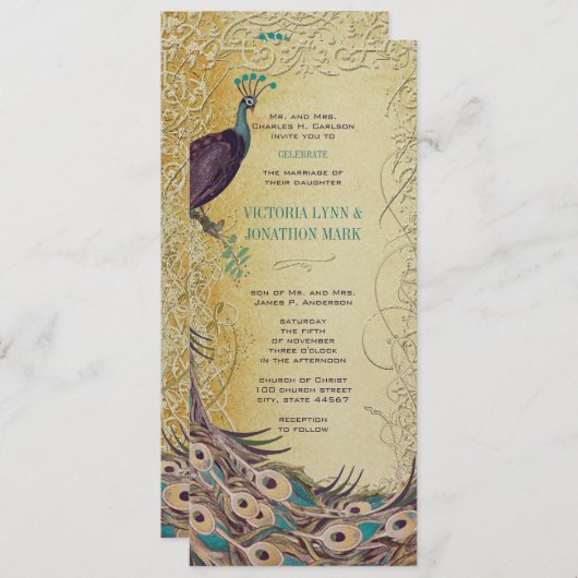 Goldmedaille Aqua Eggpflanze Art Nouveau Pfauen Ho Einladung (Vorne/Hinten)