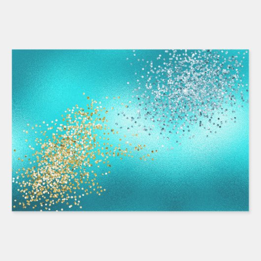 Goldmedaille Aqua Turquoise Glitzer Sparkone Meerj Geschenkpapier Set (Vorderseite 2)