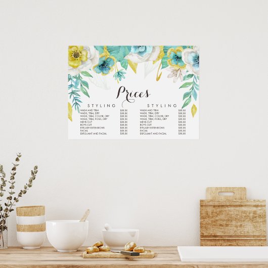 Goldmedaille Aquamarine Blumenbeautizik-Menü-Poste Poster (Küche)