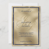 Goldmedaille-blaue Monogramm-Initialen Hochzeit Einladung (Vorderseite)