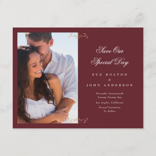 Goldmedaille-Bordeaux-Foto Save the Date Ankündigung (Rückseite)