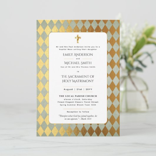 Goldmedaille der weißen katholischen Hochzeit Einladung (Stehend Vorderseite)