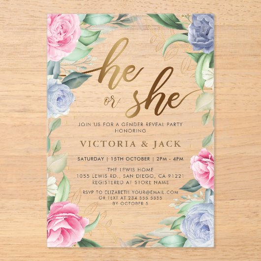 Goldmedaille: Er oder sie Blumengrün Acryleinladungen (Vorderseite)