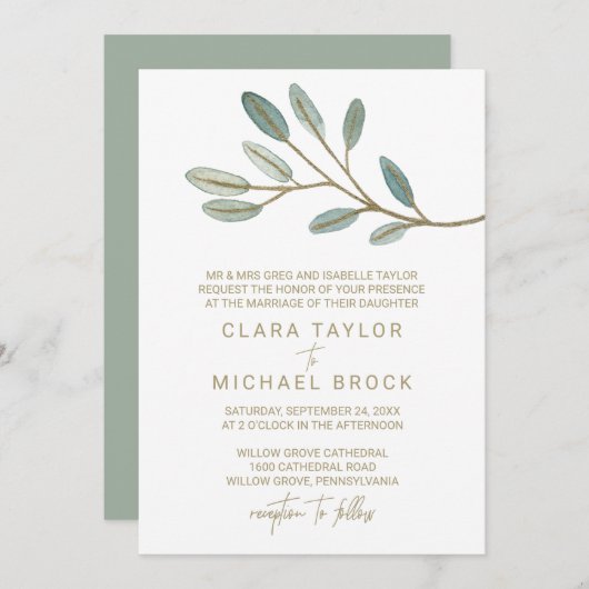 Goldmedaille Eukalyptus feierliche Hochzeit Einladung (Vorne/Hinten)