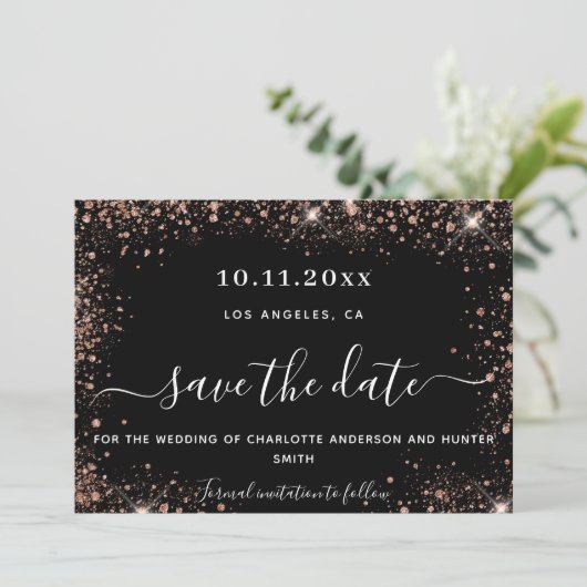 Goldmedaille für Hochzeiten, schwarze Rose, Glitze Save The Date (Stehend Vorderseite)