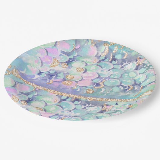 Goldmedaille Glitzer Meerjungfrauenskala Pappteller (Schrägansicht)