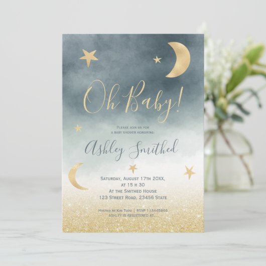 Goldmedaille Glitzer Stern Blaue Aquarellbrasse Ba Einladung (Stehend Vorderseite)