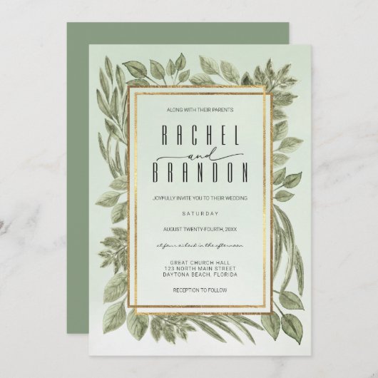 Goldmedaille Grüne Wasserfarbenhochzeit Einladung (Vorne/Hinten)