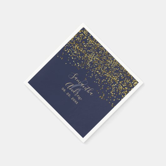 Goldmedaille Konfetti-Blaue Typografie Hochzeit Serviette (Ecke)