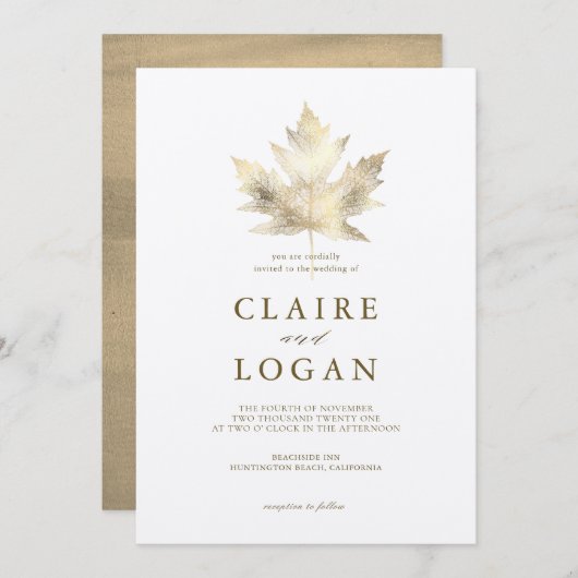 Goldmedaille Leaf White Wedding Einladung (Vorne/Hinten)
