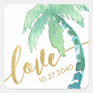 Goldmedaille Liebe Watercolor Palm Tree Beach Hoch Quadratischer Aufkleber