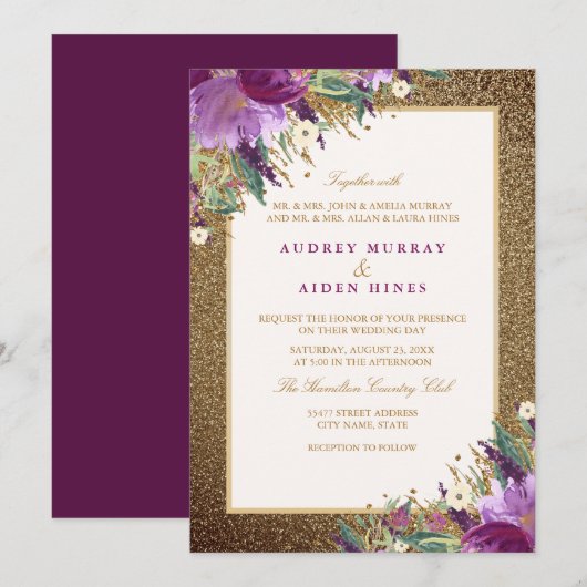 Goldmedaille Lila Amethyst Floral Wedding Einladung (Vorne/Hinten)