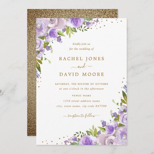 Goldmedaille Lila Wasserfarbenhochzeit Einladung (Vorne/Hinten)