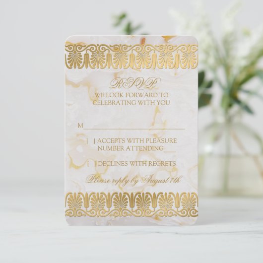 Goldmedaille Marmormarmor Hochzeitsszenierung RSVP Einladung (Stehend Vorderseite)
