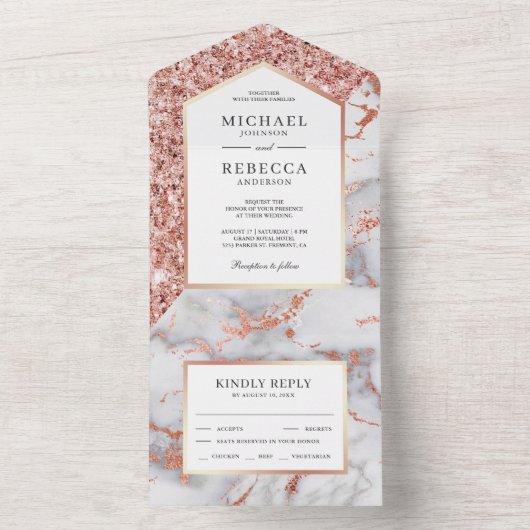 Goldmedaille mit weißem und Rose-Glitzer-Marmor All In One Einladung (Innen Boden)