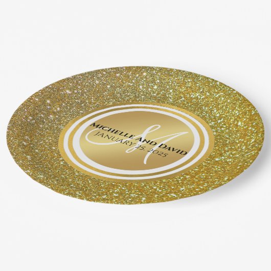 Goldmedaille Monogram Hochzeit  Pappteller (Schrägansicht)