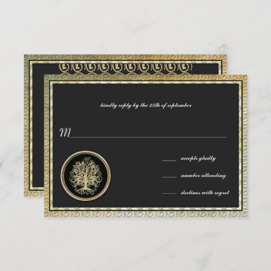 Goldmedaille Swirl Tree Gold Border Wedding RSVP (Vorne/Hinten)