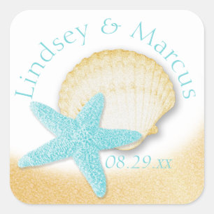 Goldmedaille und Aqua Starfish Sparkle Beach Quadratischer Aufkleber