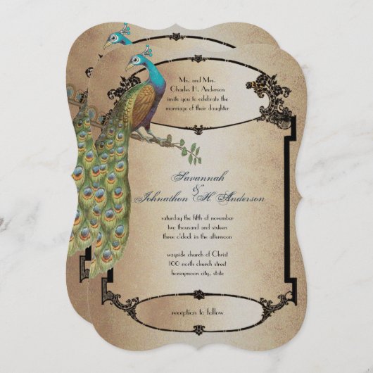 Goldmedaille Vintage Pfauenroaring 20er Deko Weddi Einladung (Vorne/Hinten)