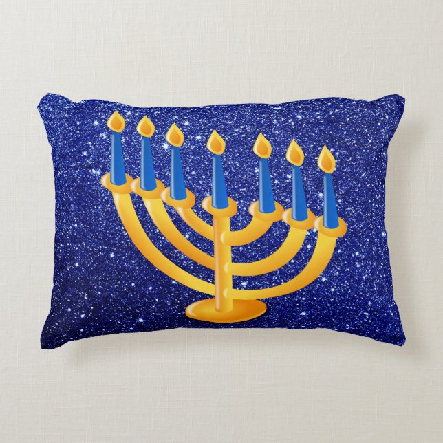 GoldMenorah blauer Imitat-Glitzer Zierkissen (Vorderseite)