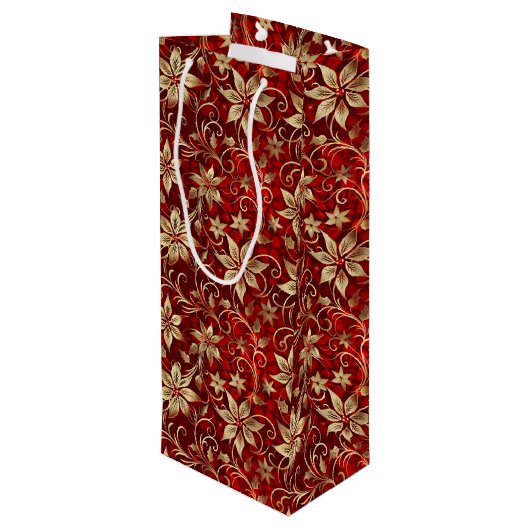 Goldmetall-Poinsettias auf Rot Geschenktüte Für Weinflaschen (Rückseite Schrägansicht)