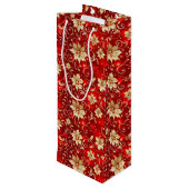 Goldmetall-Poinsettias auf Rot Geschenktüte Für Weinflaschen (Rückseite Schrägansicht)