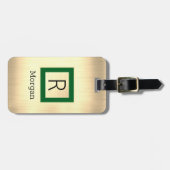 Goldmetall, schwarzer Name & Monogramm, grüne Scha Gepäckanhänger (Vorderseite horizontal)