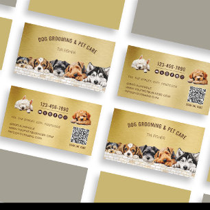 Goldmetallischer QR-Code Social Media Dog Grooming Visitenkarte