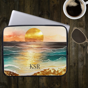 Goldmetallischer Sonnenuntergang über dem Ozean mi Laptopschutzhülle